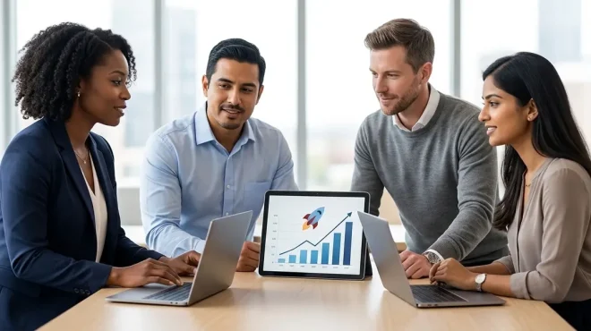 Digital marketing team collaborating in a modern office.