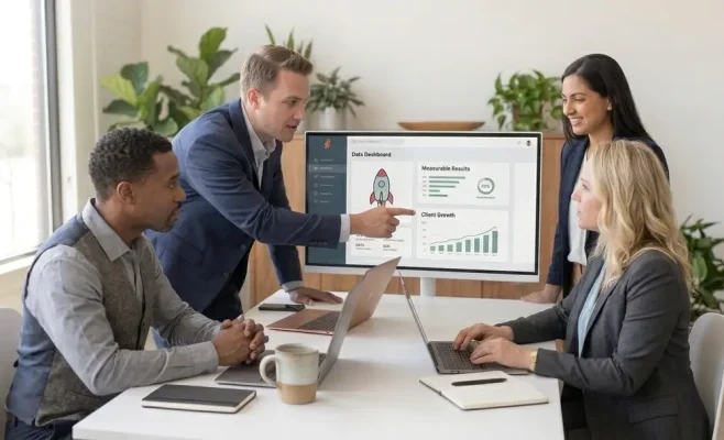 BizGrowPoint team discussing measurable growth results and business strategies.